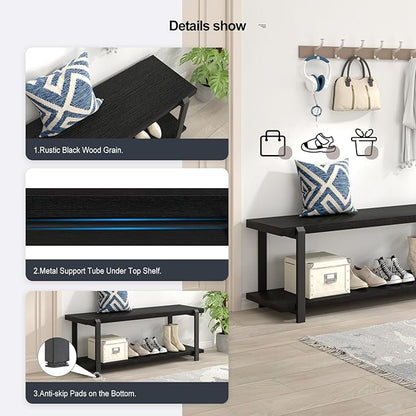 EXCEFUR Entryway Bench, Modern Wood and Metal Storage Bench for Hallway, Industrial Indoor Shoe Rack Bench Seat for Living Room Bedroom, Black Oak 47 Inch Long