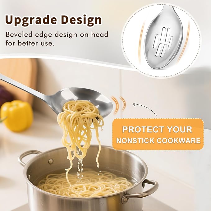 Stainless Steel Cooking Spoon, Slotted Metal Serving Spoon, Heavy Duty Sturdy Large Soup Ladle, High Heat Resistant Kitchen Cooking Utensils for Mixing, Stirring, Ergonomic Handle, Easy to Clean