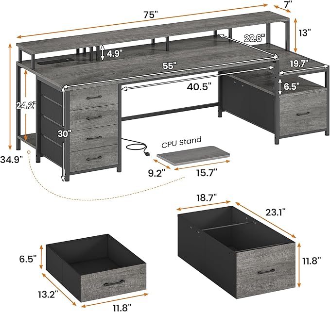 SEDETA 75'' Computer Desk with 5 Drawer, Power Outlet & Led Lights, Home Office Desk with File Drawer, Storage Shelves, Printer Cabinet and Monitor Shelf, 23.6" W Large Desktop Gaming Desk, Grey