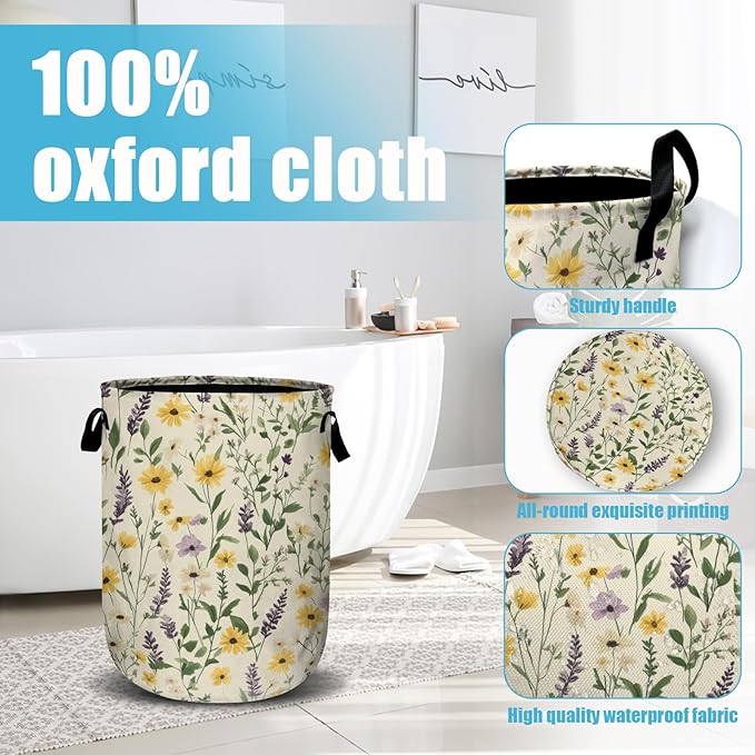 Daisy Lavender and Buttercups Laundry Basket, Laundry Hamper Collapsible Oxford Cloth with Handle Clothes Toy Storage Bin for Bathroom Laundry Room Bedroom 15.7 X 20 Inch