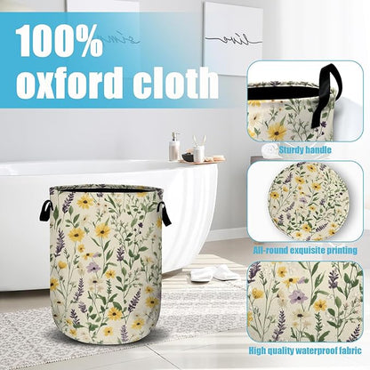 Daisy Lavender and Buttercups Laundry Basket, Laundry Hamper Collapsible Oxford Cloth with Handle Clothes Toy Storage Bin for Bathroom Laundry Room Bedroom 15.7 X 20 Inch