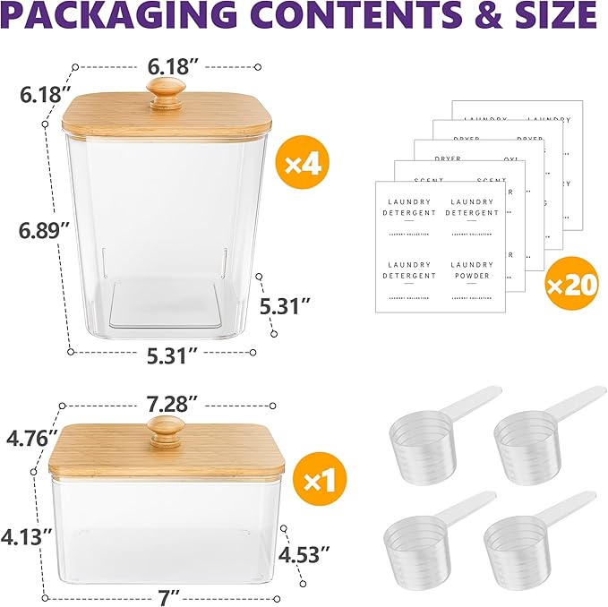 Moforoco 4+1 Pack Bamboo Laundry Pods Container, Acrylic Clear Laundry Room Organization Containers,Large Laundry Pods Holder for Scent Booster Detergent Powder Storage Containers Lids & Labels