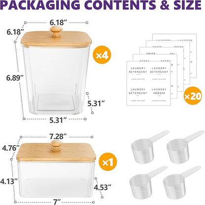 Moforoco 4+1 Pack Bamboo Laundry Pods Container, Acrylic Clear Laundry Room Organization Containers,Large Laundry Pods Holder for Scent Booster Detergent Powder Storage Containers Lids & Labels