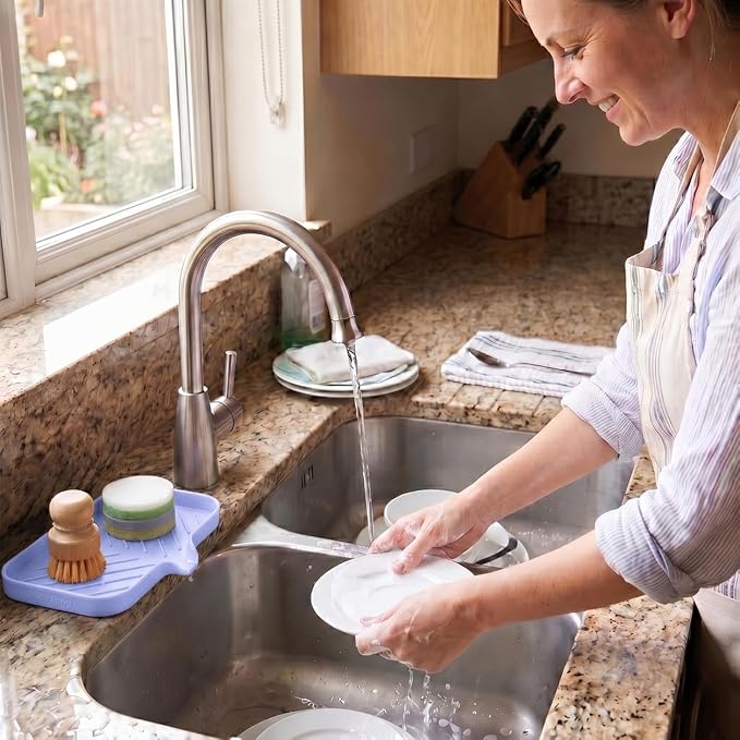 MicoYang Silicone Soap Dish with Drain Spout — Self-Draining Sink Organizer Tray for Bathroom & Kitchen, Sponges, Dispensers & Soap Holder, Non-Slip & Dishwasher Safe, Light Purple (Medium, 9.6"×5.3")