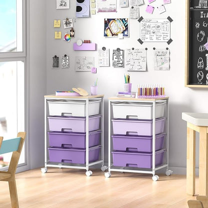 Utility Cart with 4 Drawers,Rolling Storage Cart with Drawers,Storage Rolling Drawer Cart with Wooden Tabletop for Bedroom,Kid's Room,Dorm,Classroom,Office, Purple