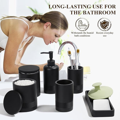 Bathroom Accessories Set, 6-Piece Bathroom Accessory Set, Toothbrush Holders Set, Soap Dispenser, Vanity Tray, Tumbler, Cotton Swab Jars, Bathroom Organizer for Modern Bathrooms(Matte Black)