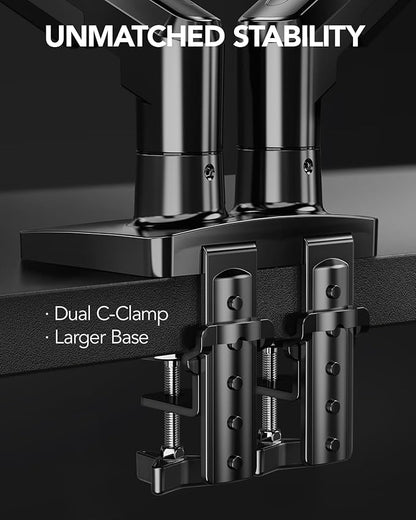 HUANUO Dual Monitor Stand, Fully Adjustable Gaming Monitor Desk Mount for 13–27″ Computer Screens, Full Motion VESA 75x75/100x100 with C-Clamp & Grommet Base, Each Arm Holds 4.4 to 19.8 lbs