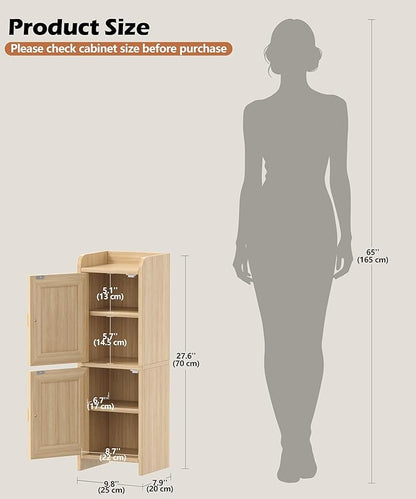Akxomel Rattan Small Bathroom Cabinet with 2 Doors, 7.9''D x 9.8''W Narrow Toilet Paper Storage Cabinet, Bathroom Organizer for Small Spaces, Wooden Slim Corner Unit with Adjustable Shelf, Natural Oak