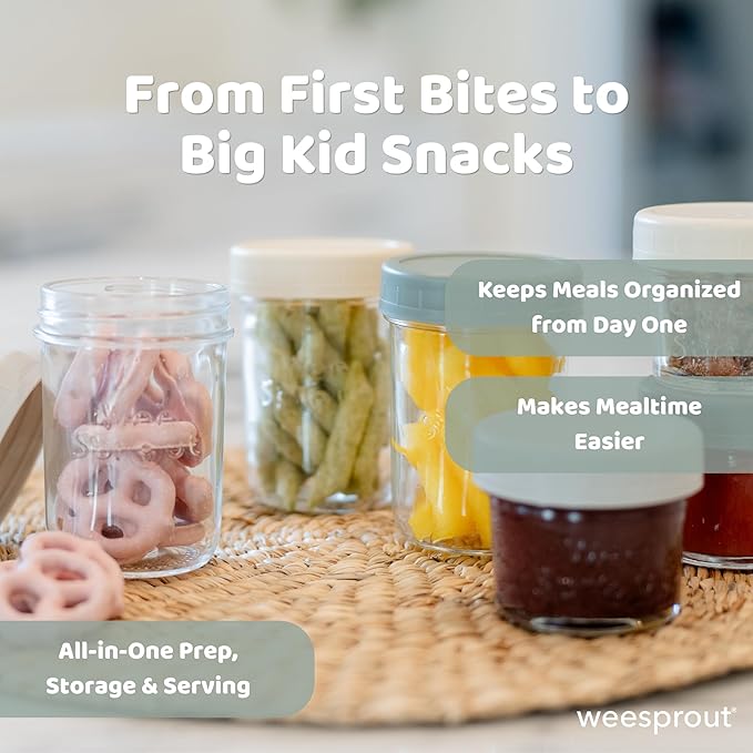 WeeSprout Baby Food Storage Glass Jars w/Lids (4 oz, 24 Pack) Pastel Variety, Snack, Reusable Small Containers, Fridge or Freezer, Microwave & Dishwasher Safe, Essentials for Infants