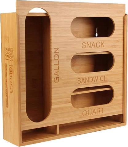 LOPASA Baggie Organizer for Drawer Compatible with Ziplock Food Storage Bag, Sandwich Bag Organization for Kitchen Drawer, Plastic Baggie Storage Box for Pantry(Bamboo)