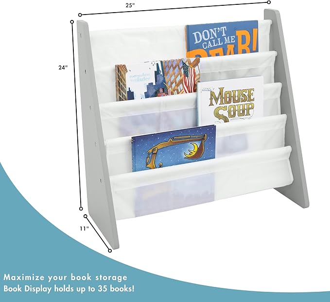 Humble Crew 4-Tier Kids Bookshelf, Grey Wood/White - Premium Book Shelf for Kids Rooms with Four Deep Pockets - Toddler Sling Book Rack with Deep Sleeves, Nursery Bookcase Organizer