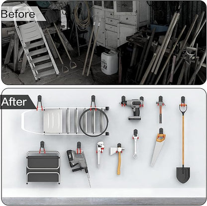 WALMANN 12 PCS Garage Storage System Hooks, Wall Mount Heavy Duty Rubber Coated Utility Hooks for Garden Tools, Ladders, Cords, Folding Chairs, Weed Eaters, Shovels and Rakes