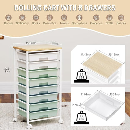 Rolling Cart with 8 Drawers, Storage Drawers Cart with Wooden Tabletop and Lockable Wheels, Craft Storage for Living Room, Office, Classroom, Craft Room, Bedroom