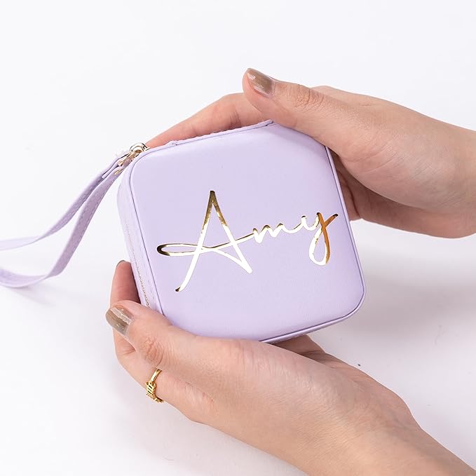 Angelina's Palace Personalized Jewelry Case with Name Engraved,Custom Leather Travel Jewelry Organizer Box for Rings,Earrings,Necklaces,Birthday Bridesmaid Gift For Women