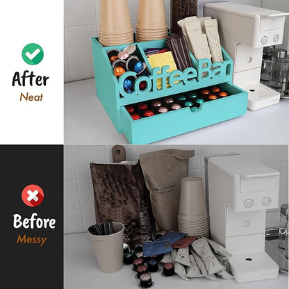 Coffee Bar Organizer for Countertop – Wooden Coffee Station, Tea and K Cup, Condiment Storage Rack, Coffee Pod Holder for Home and Office Counter Organization (Drawer - Turquoise)