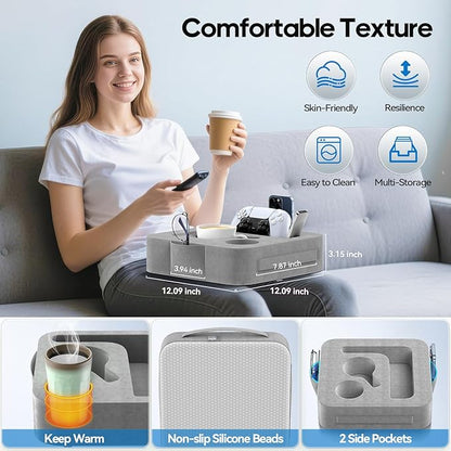 Couch Cup Holder Pillow, Sofa and Bed Caddy for iPad, Kindle, Switch, Game Controller, Remotes, Phones, Small-Sized Cup & Drink Holder for Couch, Bed, Desk, Car, Beach, Bathroom Cup Holder