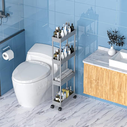Sooyee 4 Tier Slim Storage Cart,Rolling Storage Cart,Narrow Shelf,Bathroom Rack,Mobile Shelving Unit Organizer for Kitchen, Bathroom, Laundry Room, Grey