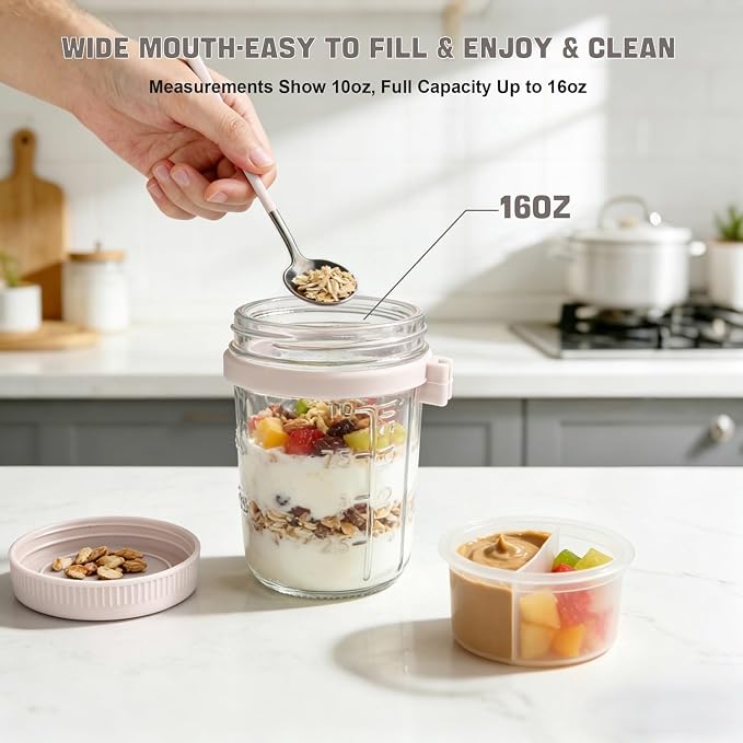 6 Pack Overnight Oats Containers with Lids and Spoon - 16 oz Glass Mason Jars with Separate Compartments Leakproof Chia Pudding Salad Yogurt Parfait Cups for Oatmeal Cereal Meal Prep (Beige)