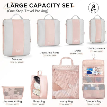 OlarHike 8 Set Compression Packing Cubes for Travel Gifts Mom Women,Airplane/Cruise/Car Travel Essentials,Compressible Expandable Saver Space Bags,Luggage Clothes Garment Bags for Travelers(Beige)