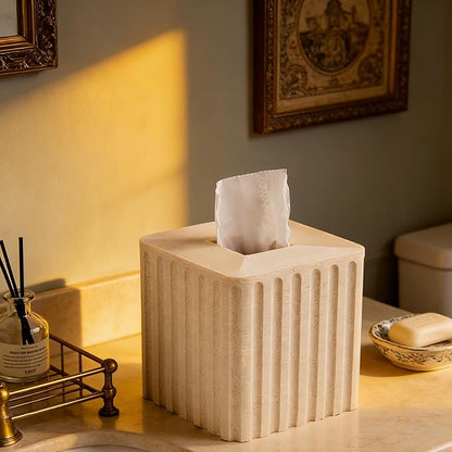 Striped White Sandstone Tissue Box Cover Square for Home Decor,Resin Heavy Tissue Box Holder for Bathroom Countertop,Tabletop,Bedside Table,Office (Handmade of Resin)