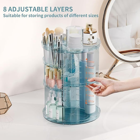 Rotating Makeup Organizer, DIY 8 Adjustable Layers Spinning Skincare Storage, Cosmetic Display Case with Brush Holder and Perfume Tray, Multi-Function Vanity Bathroom Countertop Organizer Clear Blue