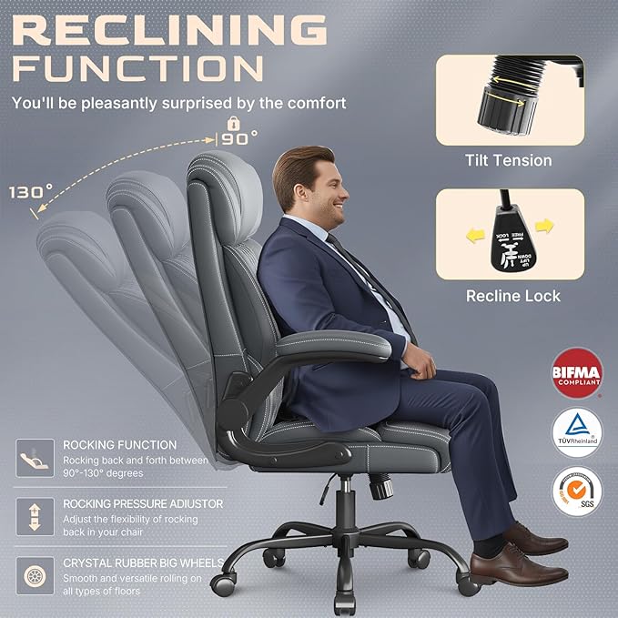 Office Chair-Executive High Back Breathable Comfy Desk Chair with Flip-up Armrests Lumbar Support-Ergonomic Leather Rolling Swivel Chair with Rock Function for Working Studying Gaming