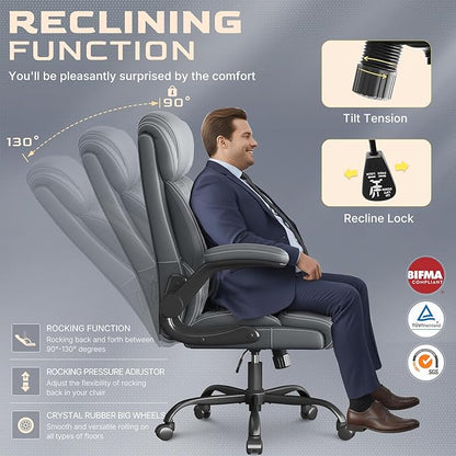 Office Chair-Executive High Back Breathable Comfy Desk Chair with Flip-up Armrests Lumbar Support-Ergonomic Leather Rolling Swivel Chair with Rock Function for Working Studying Gaming