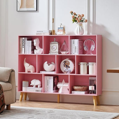 LEYAOYAO 10 Cube Bookshelf, 3 Tier Vintage 55" Wide Bookcase with Legs, Mid-Century Wood Bookshelves Storage, Light Pink Large Book Case, Freestanding Organizer Display Shelf for Living Room, Office