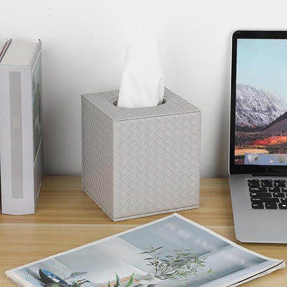 Sumnacon Tissue Box Cover Square Tissue Box Stylish PU Woven Lozenge Pattern Tissue Box Holder with Magnetic Bottom,Cube Leather Tissue Cover for Living Room Bathroom Table Desk Home Office Car,Grey