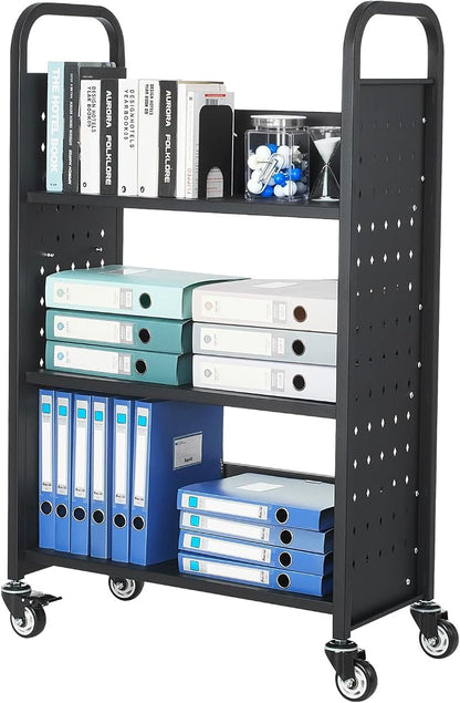VEVOR Rolling Library Book Cart, 330 lbs Capacity, 30.3 x 15 x 48.0-Inch Library Cart, Single Sided L-Shaped Shelves with 3-Inch Lockable Wheels, Book Truck for Home Shelves Office and School, Black