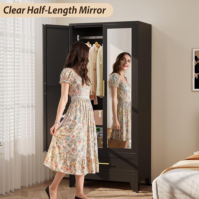 Metal Wardrobe Storage Cabinet with Mirror and Hanging Rod,71'' Metal Clothing Cabinet with 2 Doors and Drawer for Bedroom, Laundry Room, Cloak Room (Black)