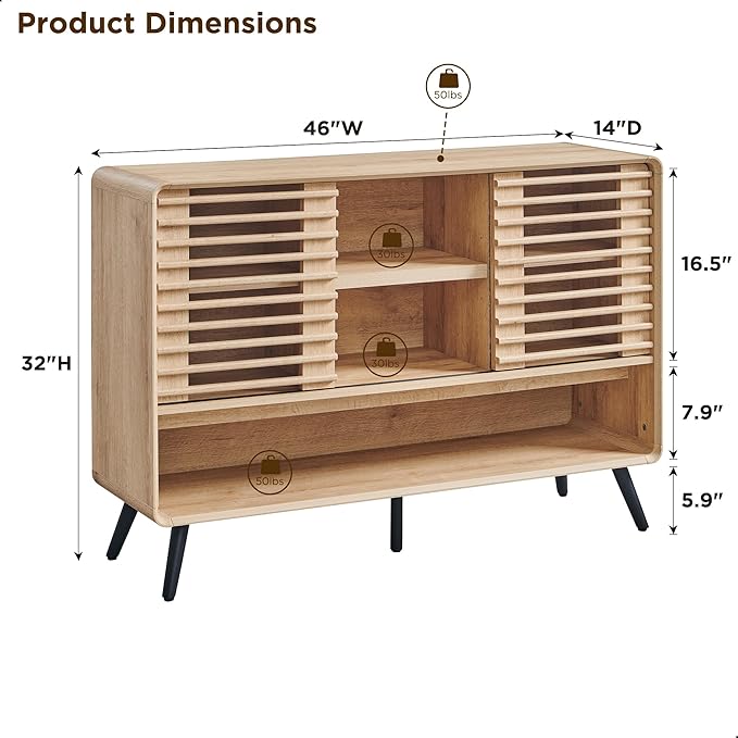 OKD 46" Console Sofa Table with Sliding Slatted Door, Modern Wood Coffee Bar w/Adjustable & Open Storage Shelf, Buffet Sideboard for Kitchen, Living Room, Entryway, Hallway, Foyer, Natural Oak