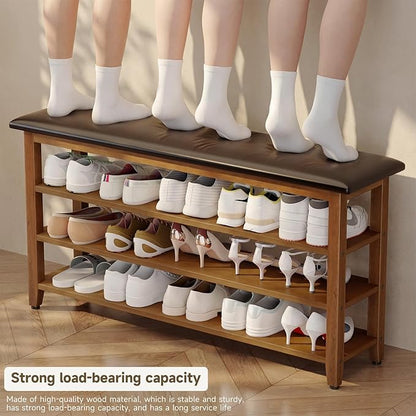 Shoe Bench with Leather Cushion,Wood Bench with Shoe Rack,3-Tier Shoe Storage Organizer for Entryway,Hallway,Living Room (Brown, 3-Tier-47.3")