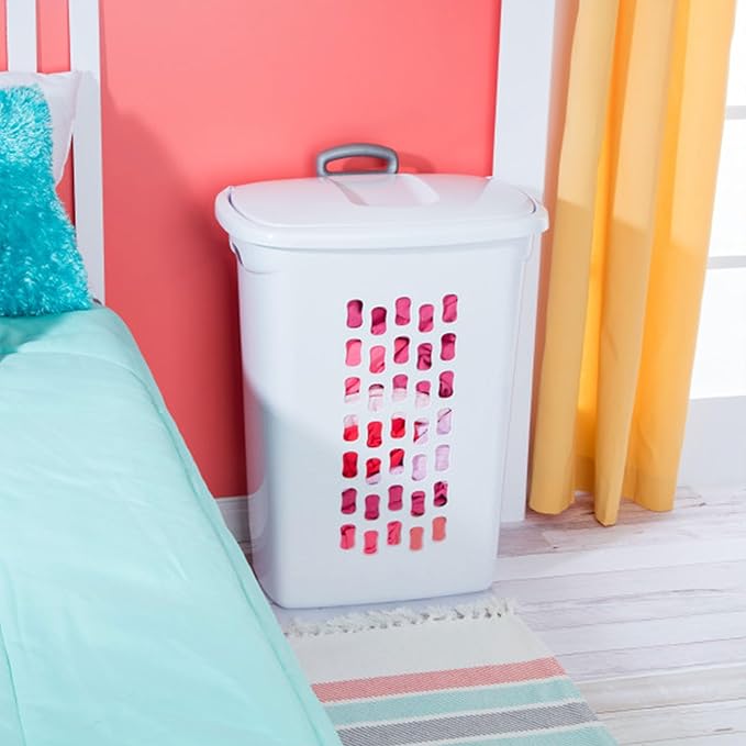 Sterilite 3-Pack Ultra Wheeled Hamper, Laundry Basket w/ Flip-Top Lid & Retractable Handle - Plastic Rolling Clothes Storage Cart with Ventilated Holes for Home, Apartment or Dorm