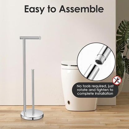 Toilet Paper Holder Stand, Bathroom Toilet Paper Stand with Large Reserve, Non Tipping Weighted Free Standing Toilet Paper Holder, Rustproof & Anti-Corrosion Chrome Toilet Paper Holder Free Standing