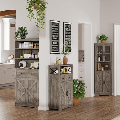 Farmhouse Storage Cabinet with Barn Doors and Open Shelf, Kitchen Pantry with Storage, Coffee Bar Station, Freestanding Cupboard Hutch Cabinet for Kitchen, Dinning Room, Livingroom, Grey