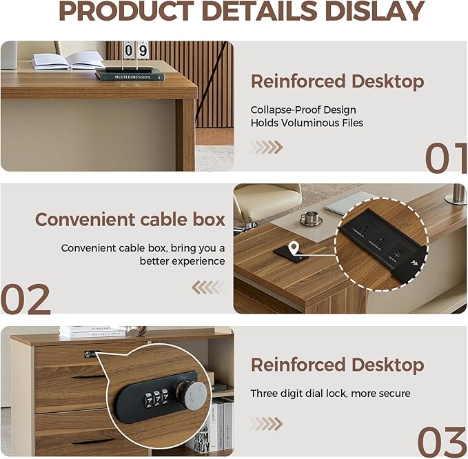 79" L Shaped Executive Desk with Lockable Drawers & Cabinet, Large Modern Executive Office Desk with Cable Management Box, Privacy Panel for Home Office (Champagne Wood Grain + Beige, Left)