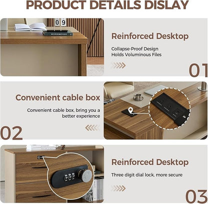 79" L Shaped Executive Desk with Lockable Drawers & Cabinet, Large Modern Executive Office Desk with Cable Management Box, Privacy Panel for Home Office (Champagne Wood Grain + Beige, Left)