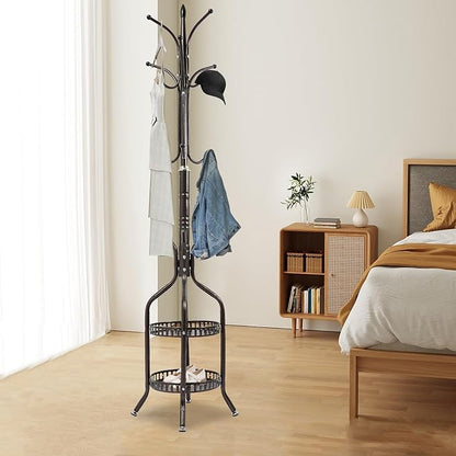 72.8in Coat Rack Freestanding 12 Hooks Coat Tree with Umbrella Holder Metal Modern Coat Hanger Stand for Entryway, Purse Rack Hat Rack Stand for Living Room Bedroom Office (Copper)