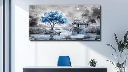 QIYILEXWART Large Wall Decor For Living Room Stretched And Framed Canvas Wall Art For Office Wall Decorations For Bedroom The Blue Tree Paintings The Hut Picture Artwork Home Decor Ready To Hang