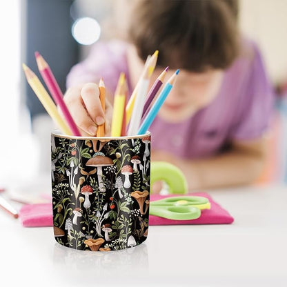 WAVEYU Pen Pencil Holder for Desk, Ceramic Pen Cup Cute Makeup Brush Holder, Unique Desk Multifunctional Pens Organizer for Home, Office, Mushrooms Pattern