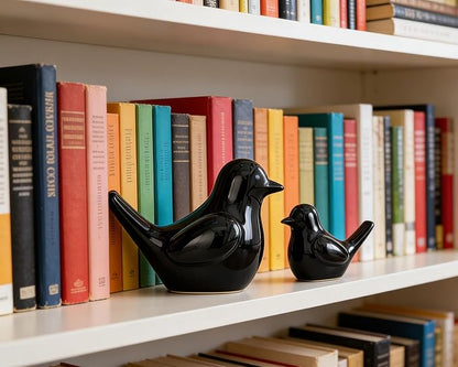 Artconal Small Black Bird Statue Ceramic 2-Piece Set, 3¾ inch Cute Knick Knack for Home Office Shelf Desk Decor
