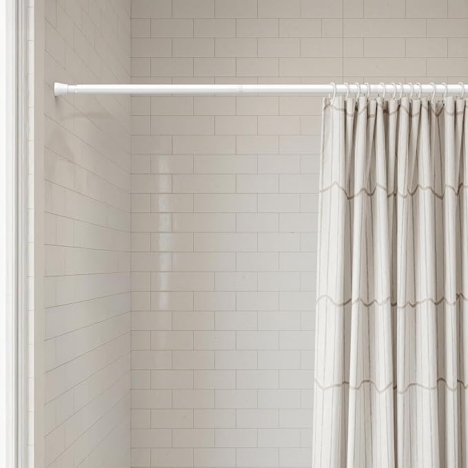 AIZESI Shower Rod 34-59 Inch - Non-Slip, No Drill spring curtain tension rod Never Rust Adjustable Tension Curtain Rod, White Shower Curtain Rod