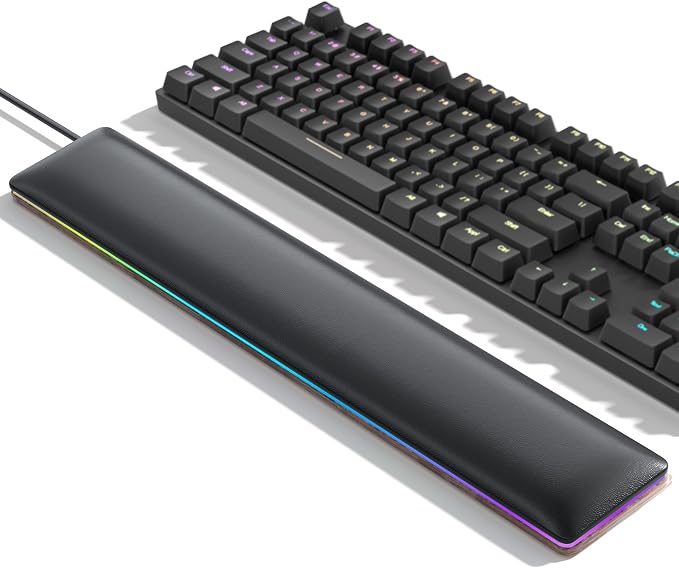 ASFSKY RGB Keyboard Wrist Rest, Ergonomic Wooden Wrist Support with PU Leather & Memory Foam, Non-Slip and Easy-to-Clean Design, Wrist Pad for Mechanical Keyboard, Gaming & Office Use