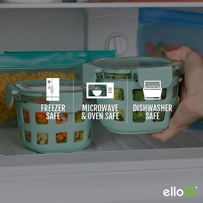 Ello Duraglass 4-Pack 2 Cup Reusable Glass Container Jar with Leak Proof Lids and Protective Silicone Sleeves | Perfect for Overnight Oats, Yogurt | BPA-Free | Dishwasher Safe | Evening Orchard