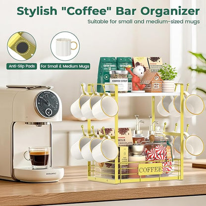 EsLuker.ly Coffee Mug Cup Holder Tree Bar Station Organizer, 2 Tier Mug Stand Rack for Countertop Kitchen, Storage Tower Display Shelf with 12 Hooks, Coffee Nook Enhancer, White-Gold