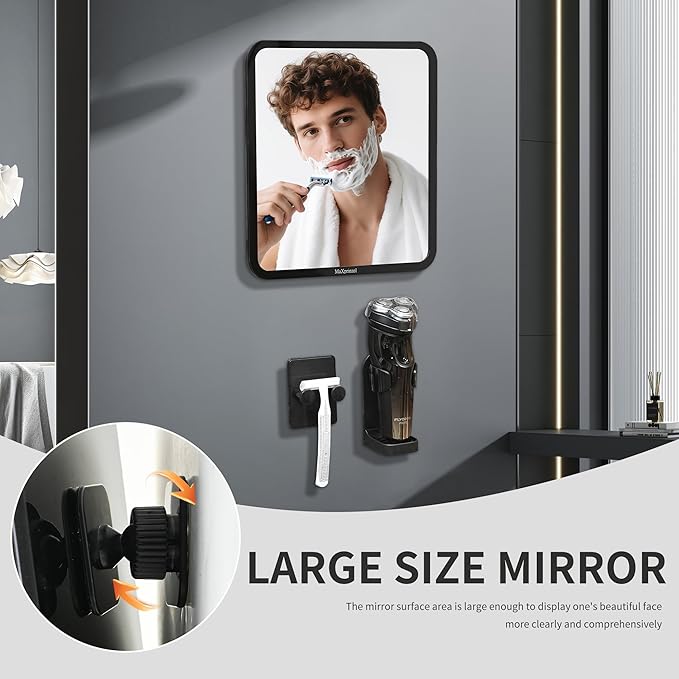 Fog free shower mirror - rotatable, adjustable shaver hook, suitable for both men and women with makeup mirrors, shower accessories, bathroom anti fog mirror (8 * 7 inches), shaver holder (black)