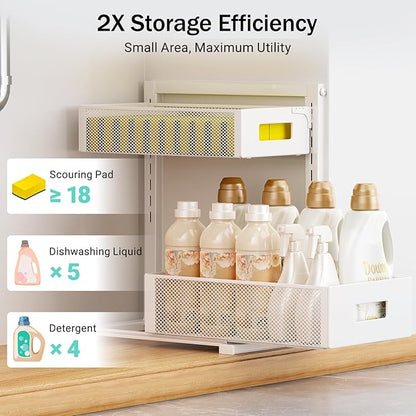 Under Sink Organizer Adjustable Height 2 Tier Bathroom Organizer Pull Out Cabinet Organer kitchen organizers and storage fridge organizers and storage,White,XL-1 Pack