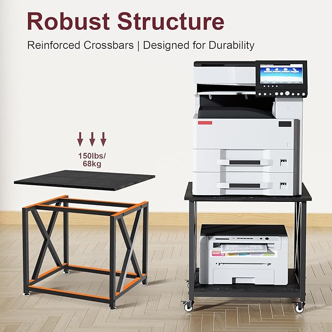 2 Tier Large Printer Stand, 23.6 x 23.6 Inches Printer Table with Storage Shelf, Rolling Printer Cart with Industrial Wheels for Home Office (Black)