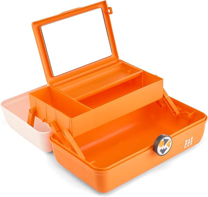 Caboodles School Spirit On-The-Go Girl Makeup Box, White Over Orange, Hard Plastic Makeup Organizer Box, Built-In Mirror, Secure Latch for Safe Travel, Spacious Storage for Large Items